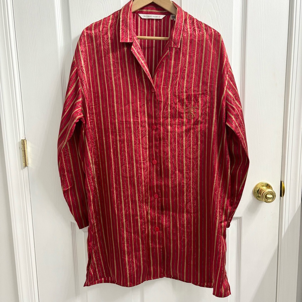 Victoria’s Secret Satin Pajama Button Up Shirt Dress Striped Red Gold